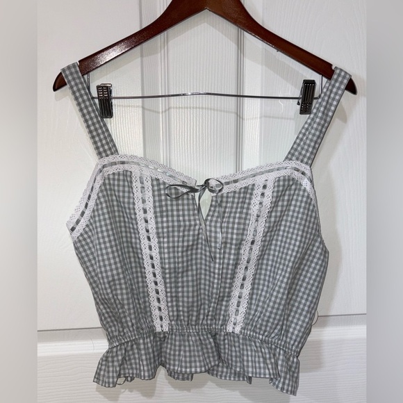 Self Esteem Tops - Y2K Coquette Cottagecore Gingham Lace Trim Peplum Tank Top Size L